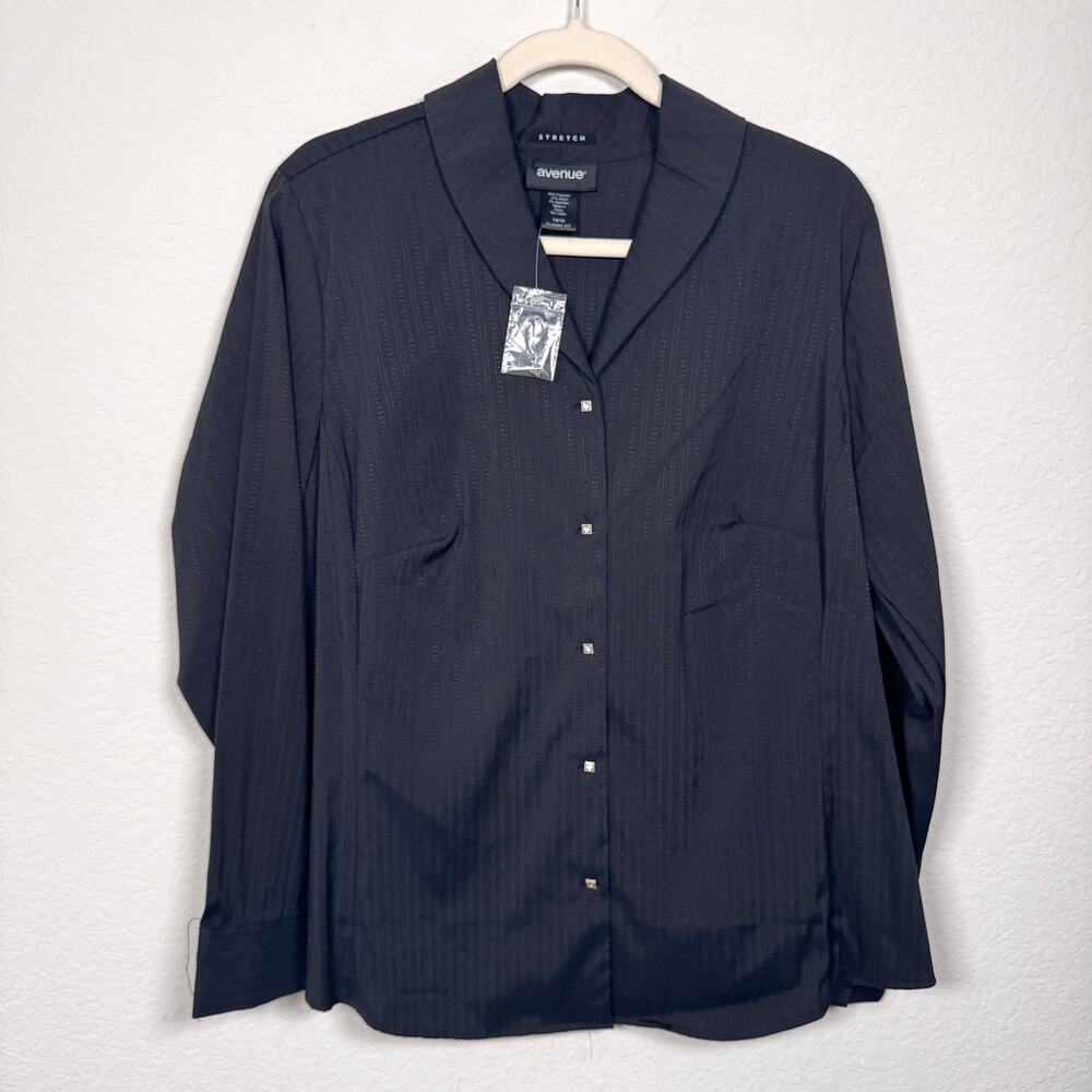Avenue Womens Button Shirt Sz 14 / 16 Stretch Dressy Office Classic Stripe Black
